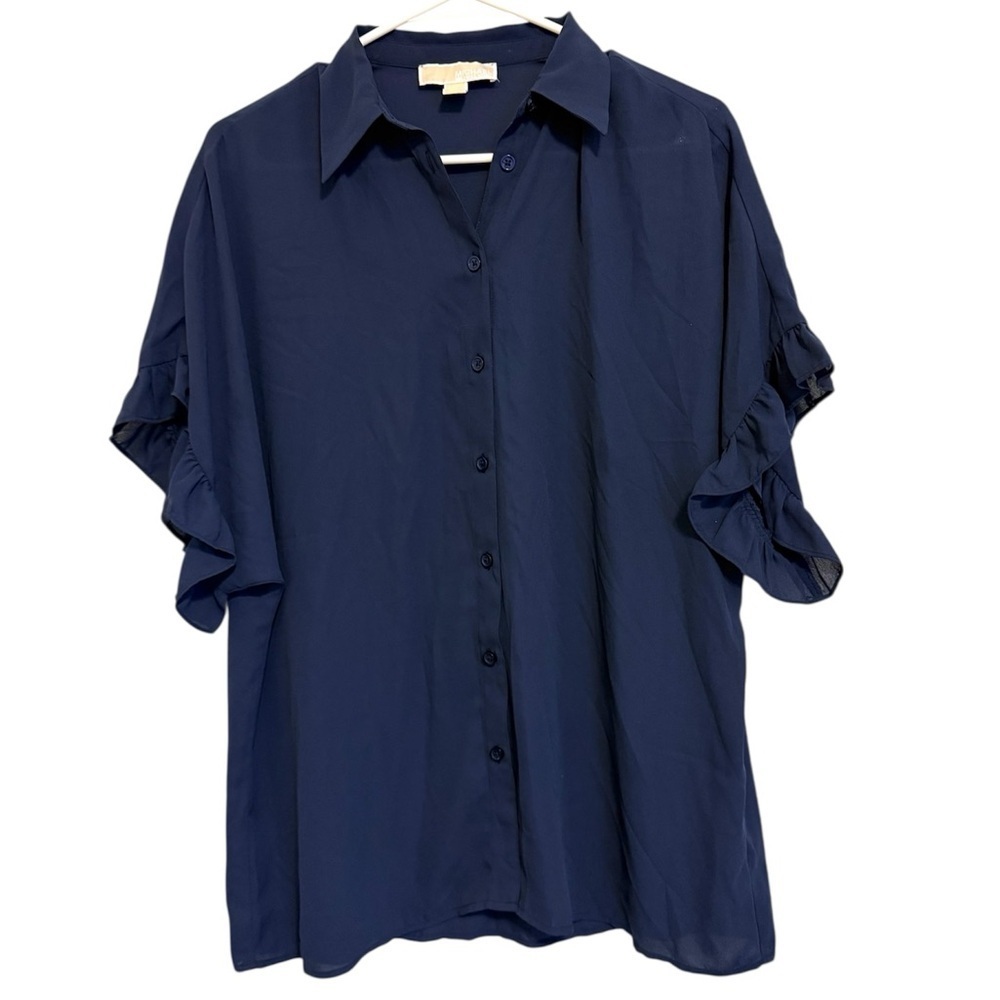 2$30 Michael Kors - Navy Button Down Ruffle Short Sleeve Shirt - Small